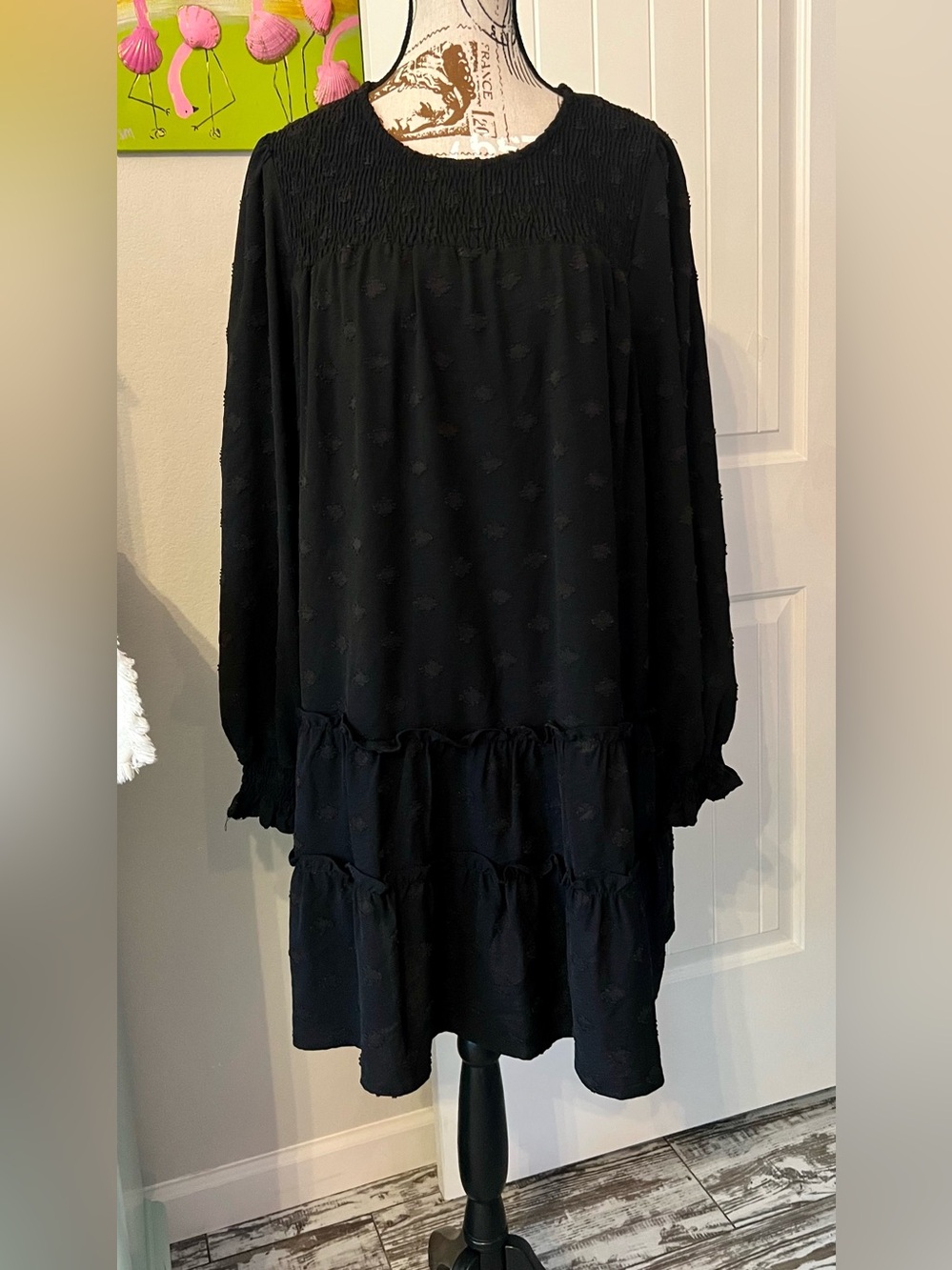 Umgee Black Swiss Dot Smocked Tiered Boho Dress Tunic Large